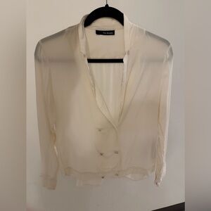 The Kooples Cream Silk Blouse with Black Label Detail